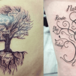 A simple and elegant family name tattoo in script font. The names of family members are beautifully intertwined, symbolizing the bond between them.