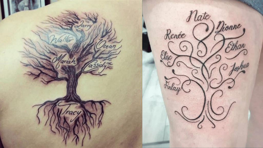 A simple and elegant family name tattoo in script font. The names of family members are beautifully intertwined, symbolizing the bond between them.