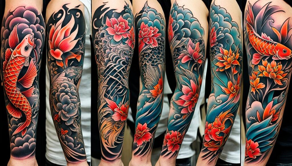Various tattoo styles showcased on skin