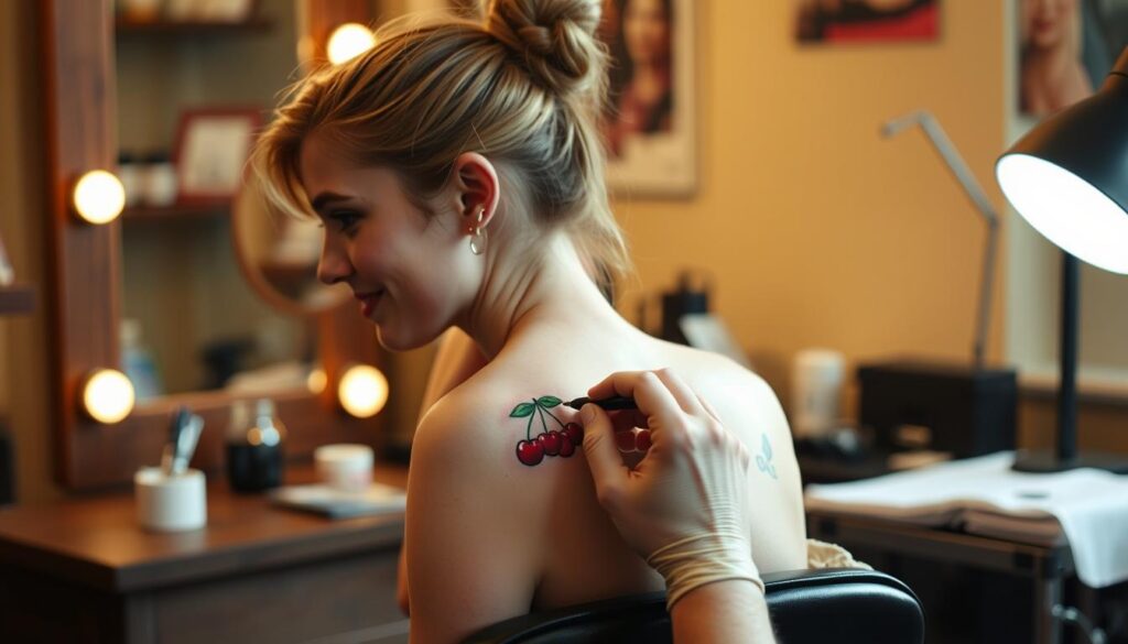 Elle Fanning temporary cherry tattoo