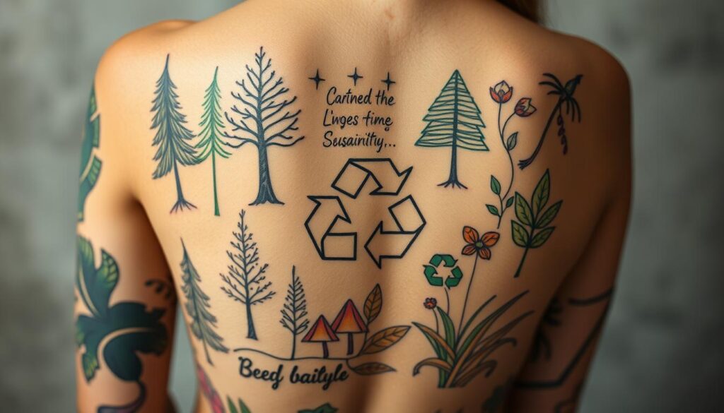 Eco-friendly tattoo ideas featuring recycling symbols and nature-inspired designs